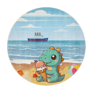 Cute ice cream eating dino at the beach cutting board