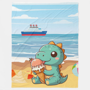 Cute ice cream eating dino at the beach fleece blanket