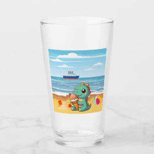 Cute ice cream eating dino at the beach glass