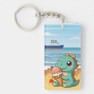 Cute ice cream eating dino at the beach key ring