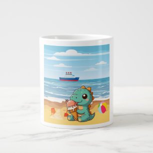 Cute ice cream eating dino at the beach large coffee mug