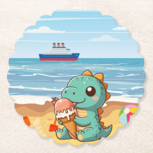 Cute ice cream eating dino at the beach paper coaster