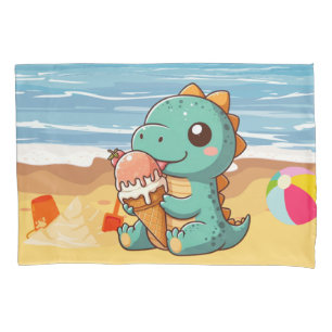 Cute ice cream eating dino at the beach pillowcase