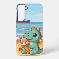 Cute ice cream eating dino at the beach