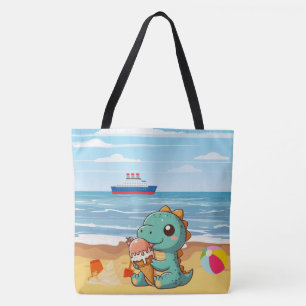 Cute ice cream eating dino at the beach tote bag