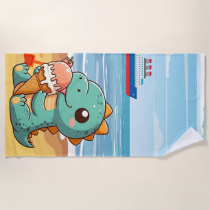 Cute ice cream eating dino at the beach towel