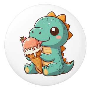 Cute ice cream eating dino ceramic knob