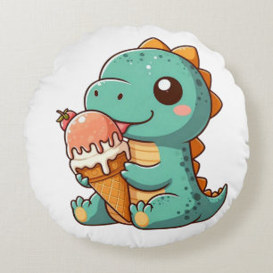 Cute ice cream eating dino round cushion