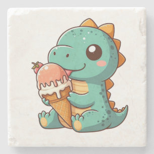 Cute ice cream eating dino stone coaster