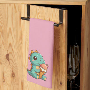 Cute ice cream eating dino tea towel