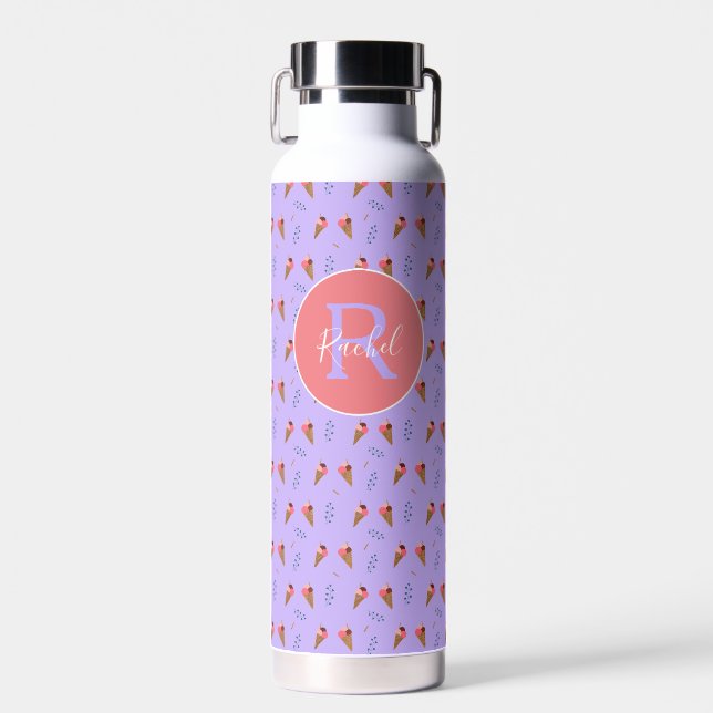 Cute Ice Cream Pattern Purple with Monogram Name Water Bottle (Front)