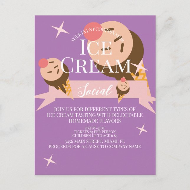 Cute Ice Cream Social Flyer Invitation  Purple  Postcard (Front)
