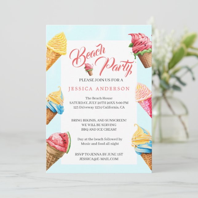 Cute Ice Cream Summer Beach Party Invitation (Standing Front)