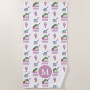 Cute Ice Cream Summer Pattern Monogram Beach Towel