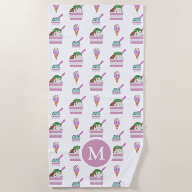 Cute Ice Cream Summer Pattern Monogram Beach Towel (Front)