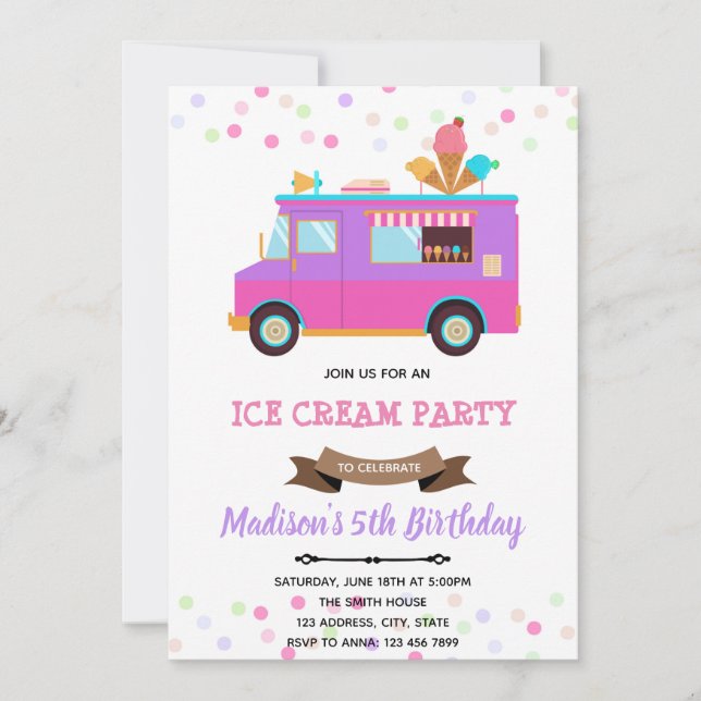 Cute ice cream truck birthday invitation (Front)