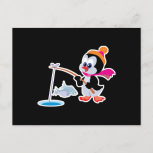 cute ice fishing little penguin postcard