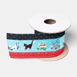 Cute Ice Skating Cats and Christmas Scarves Satin Ribbon