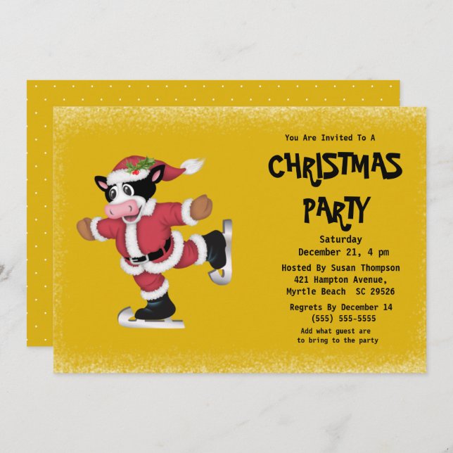 Cute Ice Skating Cow Gold Christmas Party   Invitation (Front/Back)