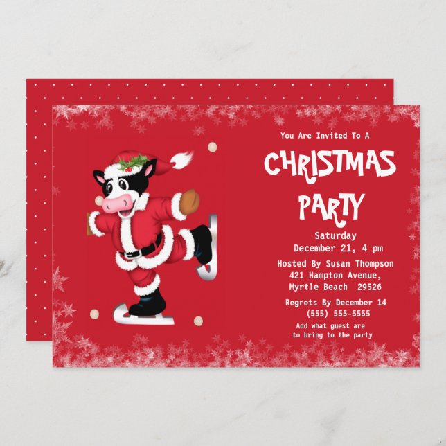 Cute Ice Skating Cow Red Christmas Party   Invitation (Front/Back)