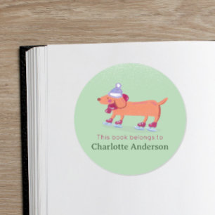 Cute Ice Skating Dachshund Green School Bookplate Classic Round Sticker