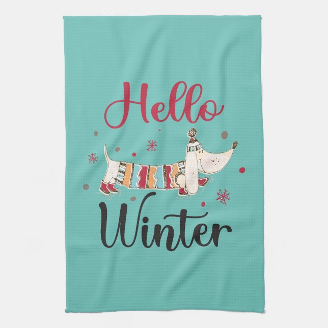 Cute ice skating dog tea towel (Vertical)