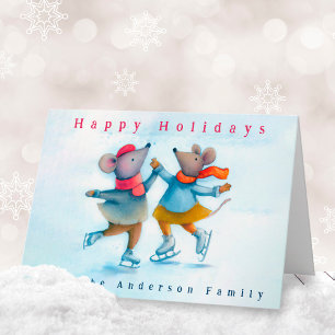 Cute Ice Skating Mice Watercolor Holiday Card
