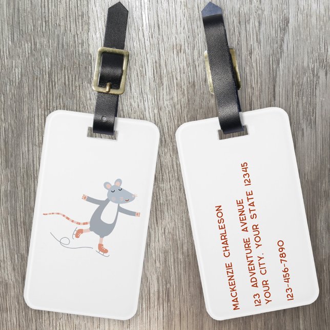 Cute Ice Skating Mouse Luggage Tag (Fun ice skating winter sports mouse personalized luggage tag for snowy icy destinations!)