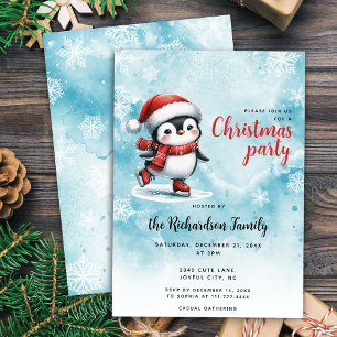 Cute Ice Skating Penguin Festive Blue Christmas Invitation