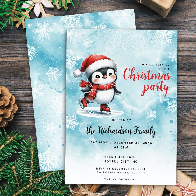 Cute Ice Skating Penguin Festive Blue Christmas Invitation (Creator Uploaded)