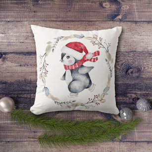 Cute Ice Skating Penguin in Winter Wreath Cushion