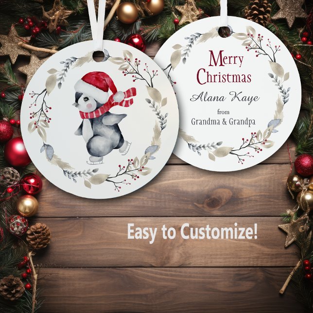 Cute Ice Skating Penguin in Winter Wreath Metal Tree Decoration (Creator Uploaded)