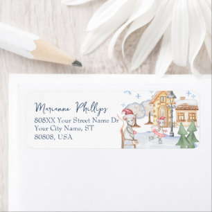 Cute Ice Skating Rats Winter Village Scene Return Address Label