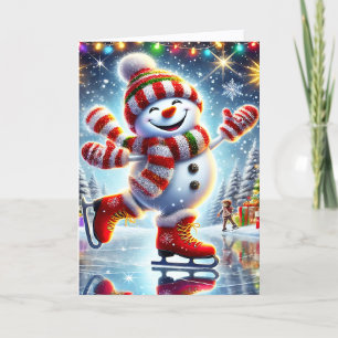 Cute Ice Skating Snowman Christmas Holiday Card