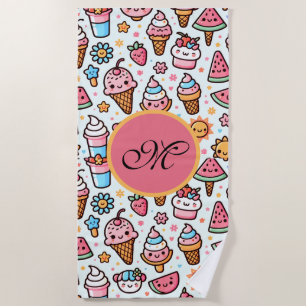 Cute IceCream pattern personalised Monogram summer Beach Towel