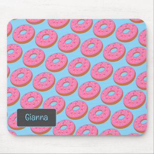 Cute Iced Doughnuts - Pink Frosted Rings with Name Mouse Pad