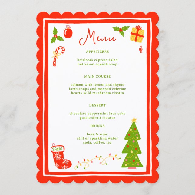 Cute Icons Christmas Holiday CUSTOM Dinner Party Menu (Front)