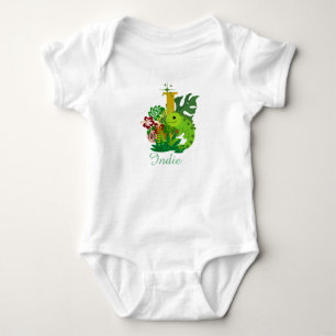 Cute Iguana Alphabet Letter I Floral baby Bodysuit