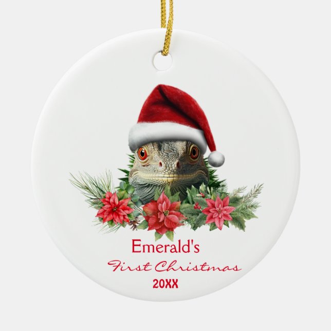 Cute Iguana in Santa Hat Christmas Personalised  Ceramic Ornament (Front)
