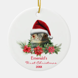 Cute Iguana in Santa Hat Christmas Personalized  Ceramic Ornament
