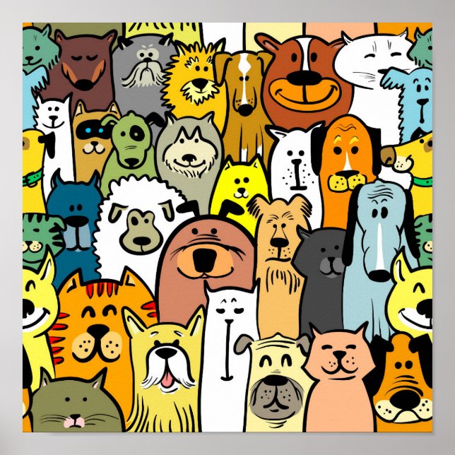 Cute illustrated cats and dogs poster (Front)