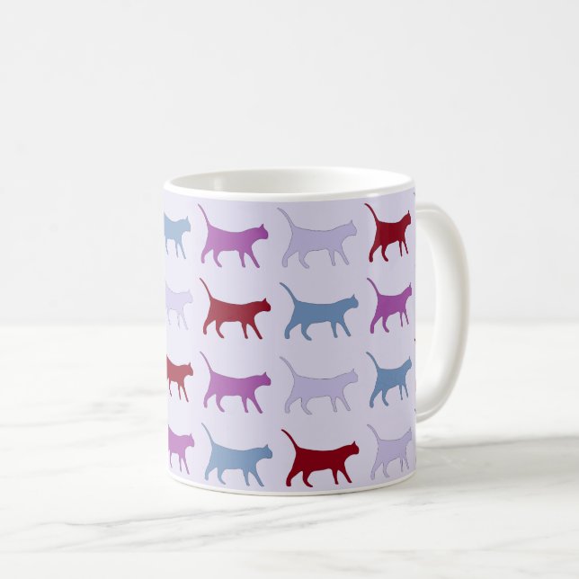 Cute Illustrated Cats Walking Purple Pattern Coffee Mug (Front Right)