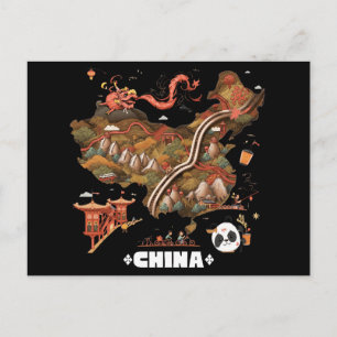 Cute Illustrated China Map with Dragon and Panda Postcard
