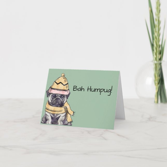 Cute Illustrated Christmas Pug Bah Humpug Blank  Holiday Card (Front)