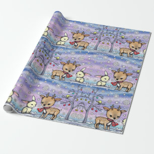 Cute Illustrated Deer and Bunny Holiday Giftwrap Wrapping Paper