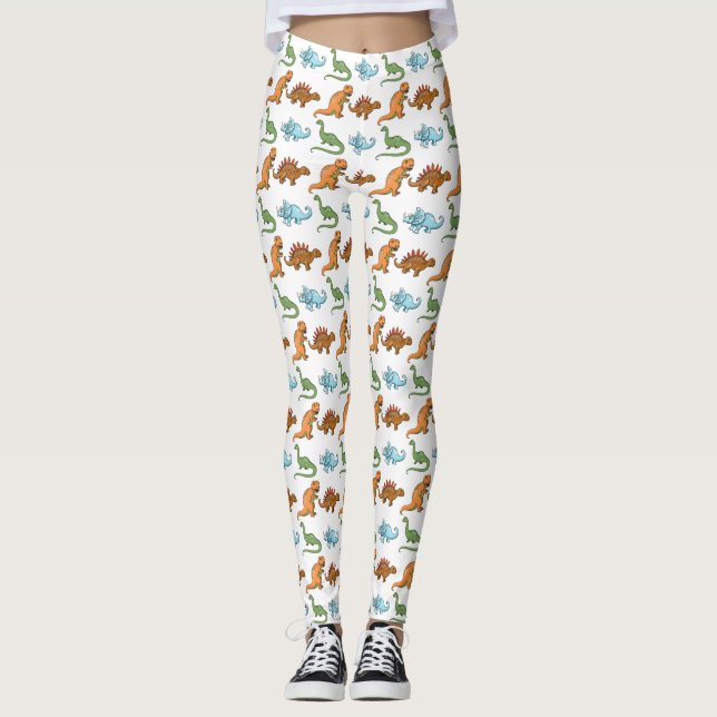 Cute Illustrated Dinosaurs Over White Pattern Leggings (Front)