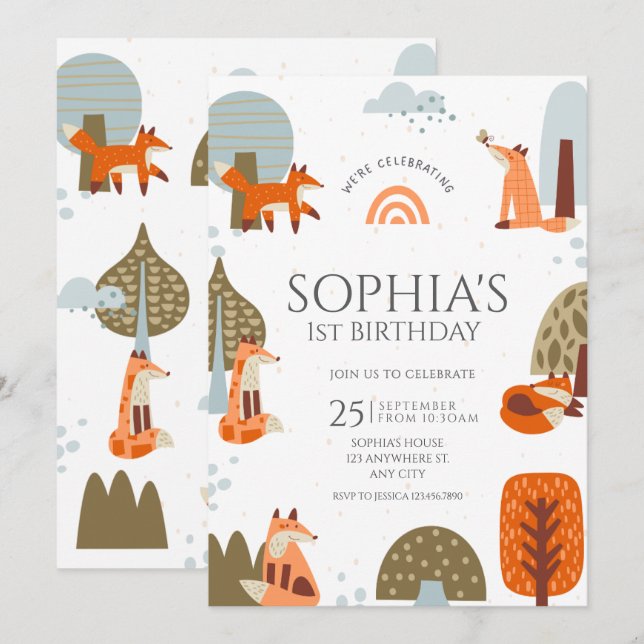 Cute illustrated Fox Forest animal first birthday Invitation (Front/Back)