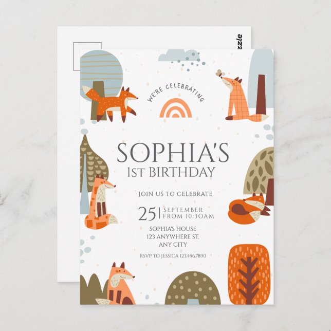 Cute illustrated Fox Forest animal first birthday Postcard (Front/Back)