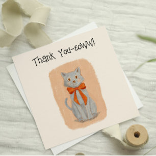 Cute Illustrated Grey Cat With Bow Thank You Card