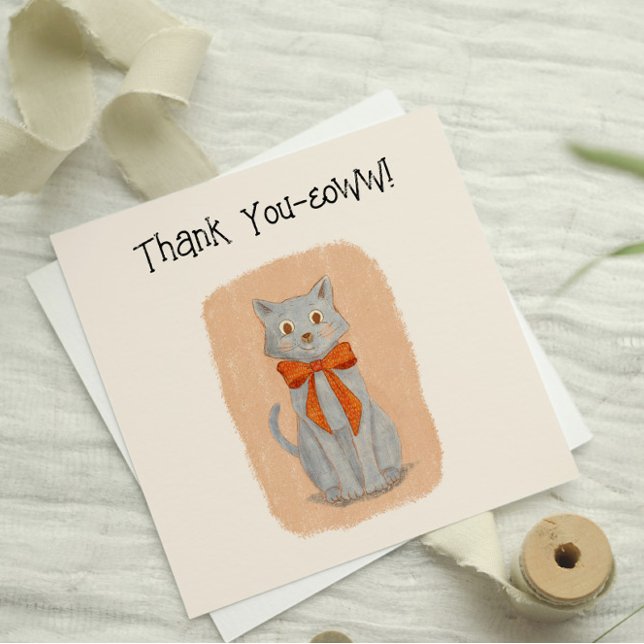 Cute Illustrated Grey Cat With Bow  Thank You Card (Creator Uploaded)